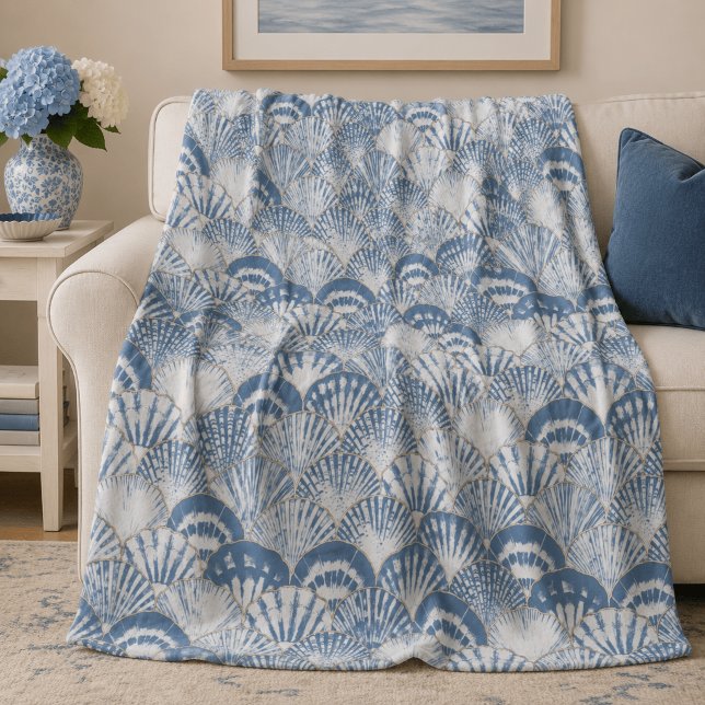 Coastal Blue Seashell Pattern Beach Fleece Blanket (Creator Uploaded)
