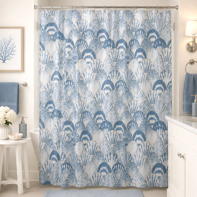 Coastal Blue Seashell Pattern Beach Shower Curtain (Creator Uploaded)
