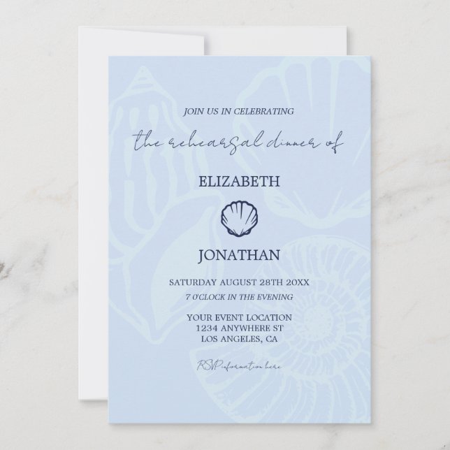 Coastal Blue Seashells Rehearsal Dinner Invitation (Front)