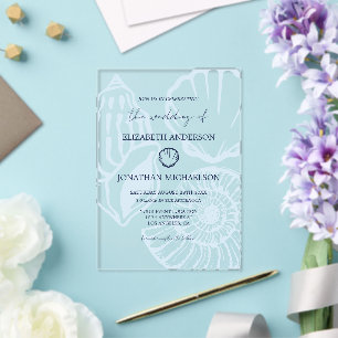 Coastal Blue Seashells Wedding Acrylic Invitations