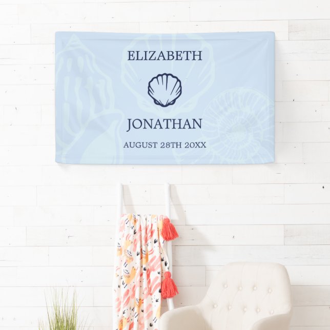 Coastal Blue Seashells Wedding Banner (Insitu)