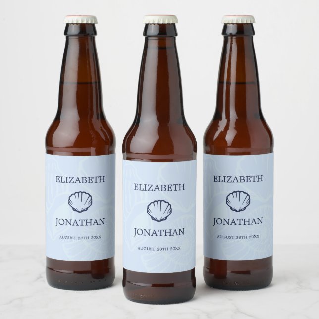 Coastal Blue Seashells Wedding Beer Bottle Label (Bottles)