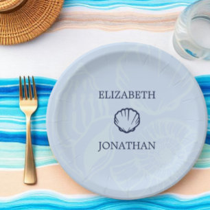 Coastal Blue Seashells Wedding Paper Plate