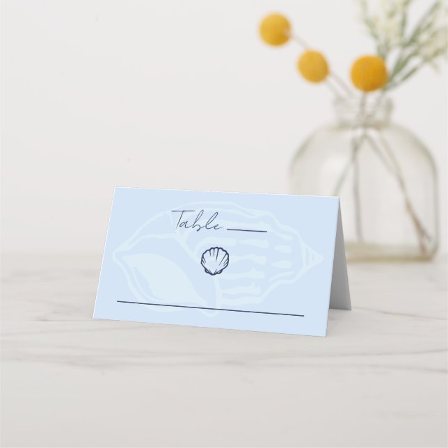 Coastal Blue Seashells Wedding Place Card (Front)
