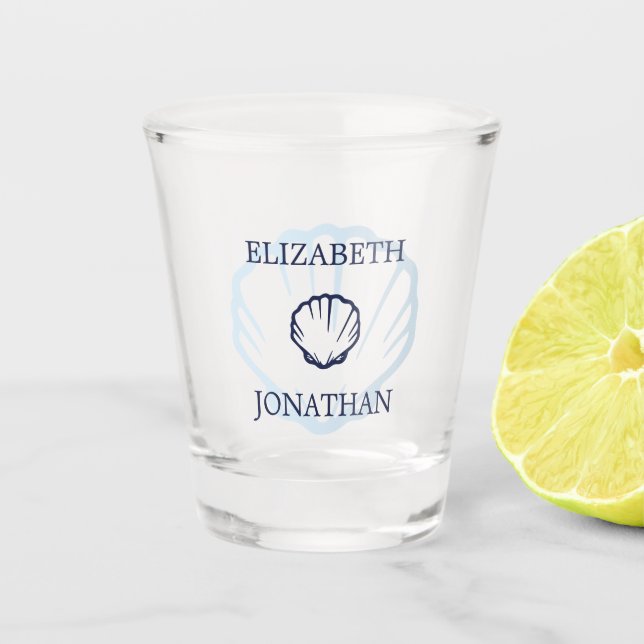 Coastal Blue Seashells Wedding Shot Glass (Front)