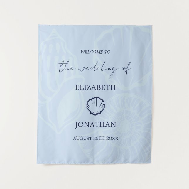 Coastal Blue Seashells Wedding Tapestry (Front)