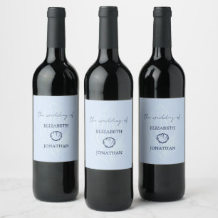 Coastal Blue Seashells Wedding Wine Label