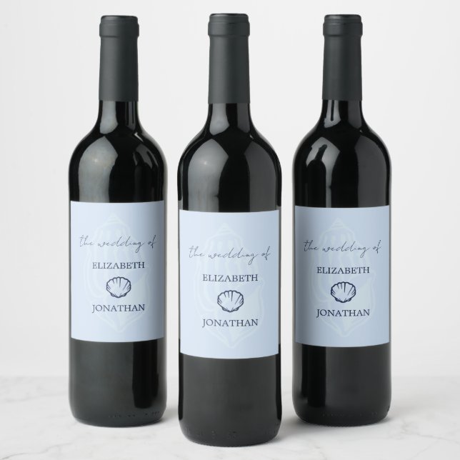 Coastal Blue Seashells Wedding Wine Label (Bottles)
