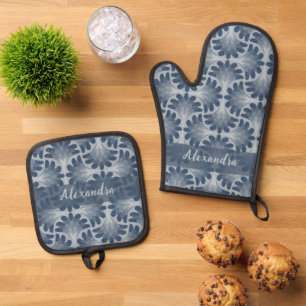 Coastal Blue Shell Pattern & Custom name Oven Mitt & Pot Holder Set