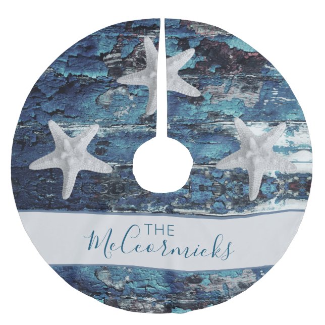 Coastal Blue Starfish Family Personalized Brushed Polyester Tree Skirt (Front)