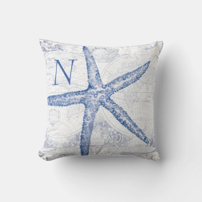 Coastal Blue Starfish Map Monogrammed Initial Cushion (Front)