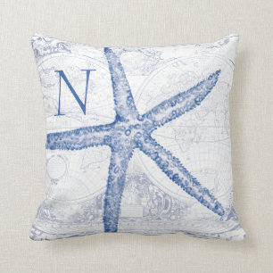 Coastal Blue Starfish Map Monogrammed Initial Cushion