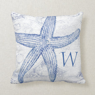 Coastal Blue Starfish Map Monogrammed Initial Cushion