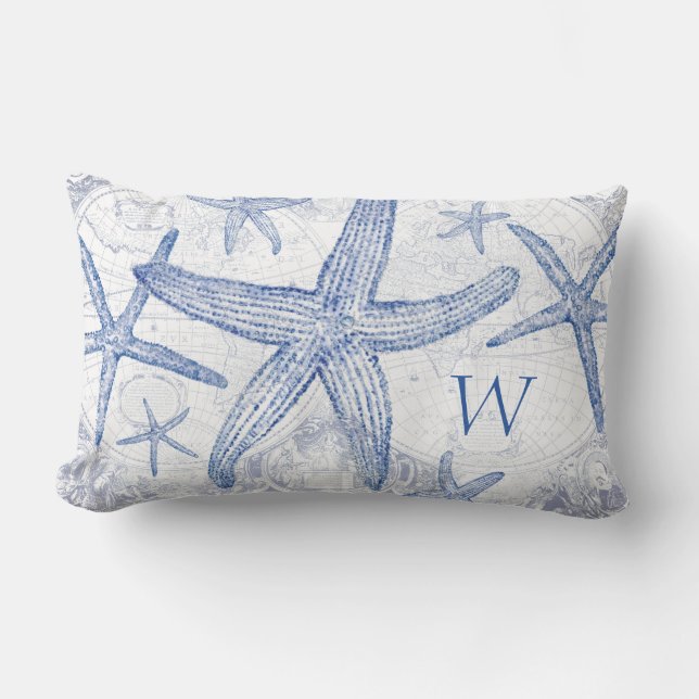 Coastal Blue Starfish Map Monogrammed Initial Lumbar Cushion (Front)