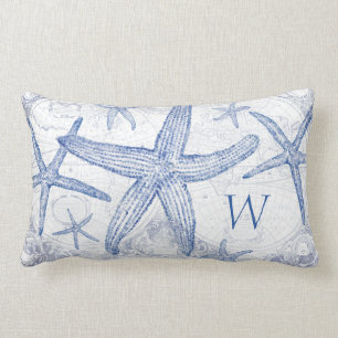 Coastal Blue Starfish Map Monogrammed Initial Lumbar Cushion