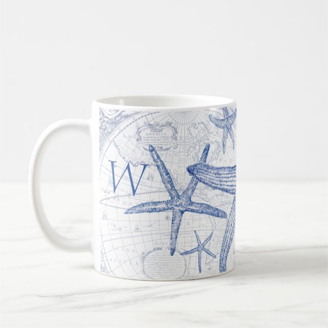 Coastal Blue Starfish Monogrammed Initial Coffee Mug (Left)