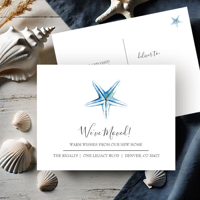 Coastal Blue Starfish New Home Moving Announcement Postcard (New address moving announcement postcards watercolor starfish art by Victoria Grigaliunas )
