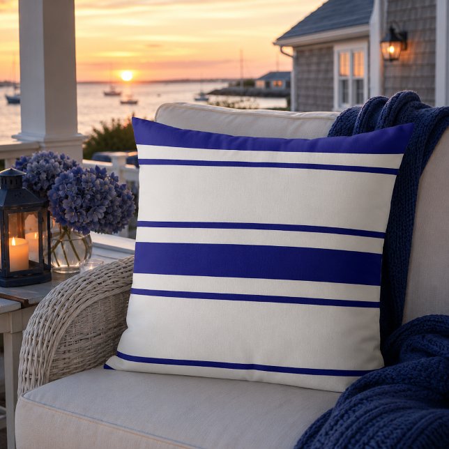 Coastal Blue Stripe Throw Pillow Cushion (Classic blue striped throw pillow bringing timeless Cape Cod charm to elegant coastal living.)