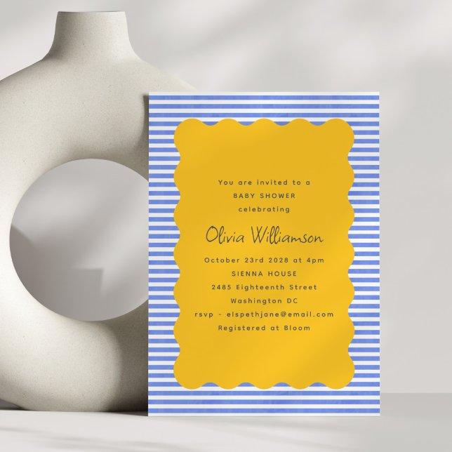 Coastal Blue Stripe Yellow Scallop Baby Shower Invitation (Creator Uploaded)