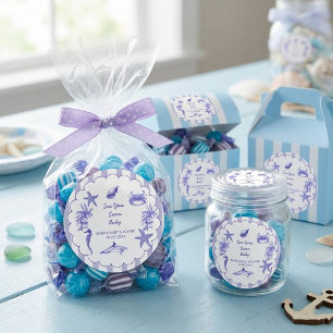 Coastal Blue Striped Sea You Soon Baby Shower  Classic Round Sticker