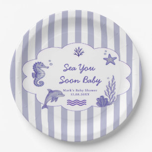 Coastal Blue Striped Sea You Soon Baby Shower Paper Plate