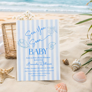 Coastal Blue Stripes Boy Sea You Soon Baby Shower Invitation