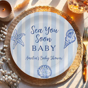 Coastal Blue Stripes Boy Sea You Soon Baby Shower Paper Plate