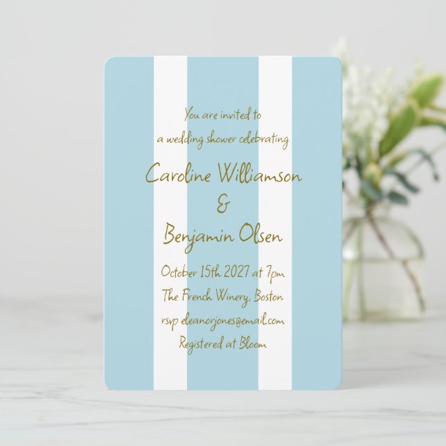 Coastal Blue Stripes Handwritten Wedding Shower Invitation (Standing Front)