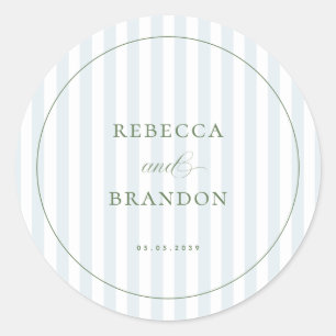 Coastal Blue Stripes Sage Green Wedding Favour Classic Round Sticker
