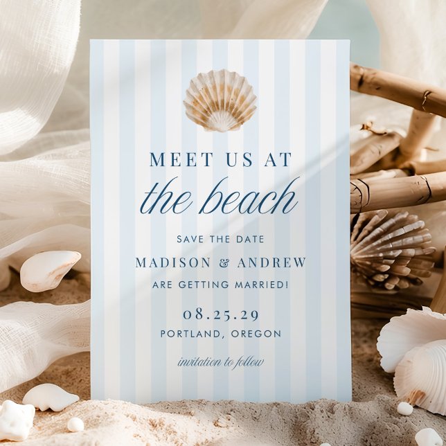 Coastal Blue Stripes Shell Beach Wedding Save The Date (Creator Uploaded)