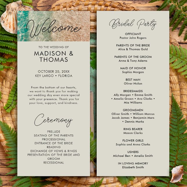 Coastal Blue Tropical Beach Destination Wedding Program (Front / Back)