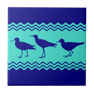 Coastal Blue Turquoise Sandpiper Birds Pattern Ceramic Tile