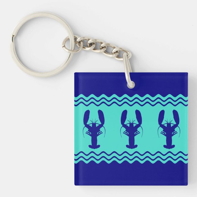 Coastal Blue Turquoise Stripe Lobster Pattern Key Ring (Front)