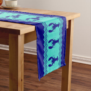 Coastal Blue Turquoise Stripe Lobster Pattern Medium Table Runner