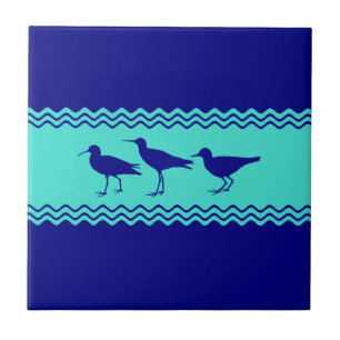 Coastal Blue Turquoise Stripe Sandpiper Birds Ceramic Tile