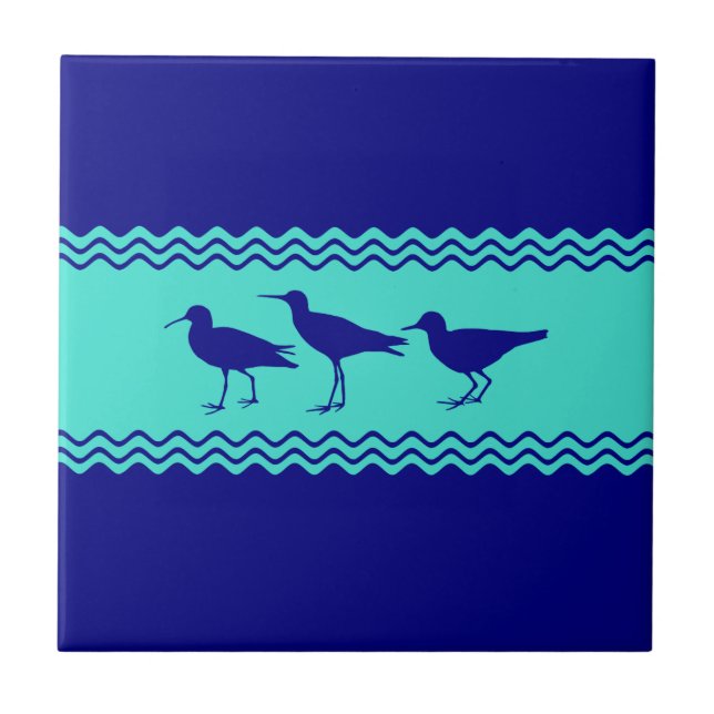 Coastal Blue Turquoise Stripe Sandpiper Birds Ceramic Tile (Front)