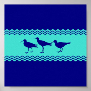 Coastal Blue Turquoise Stripe Sandpiper Birds Poster