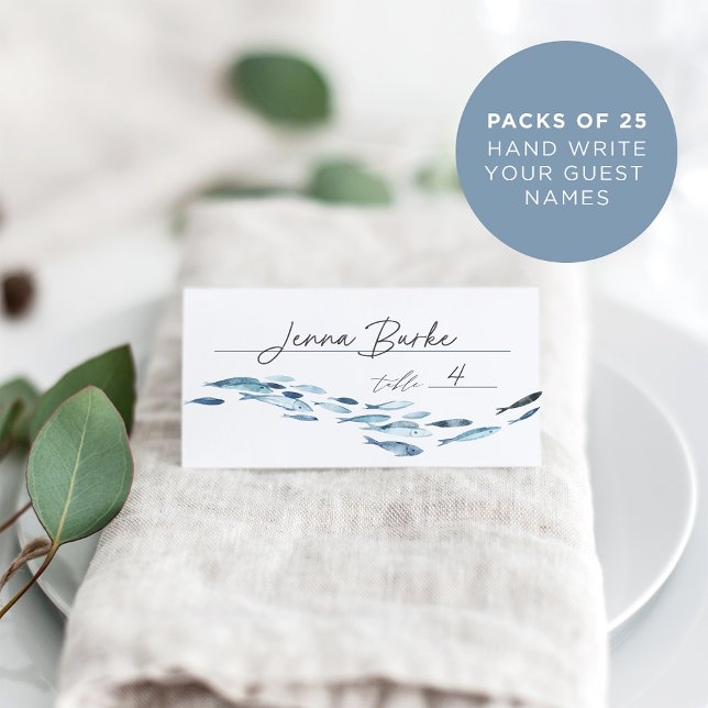 Coastal Blue Watercolor Fish Wedding Place Card (Creator Uploaded)