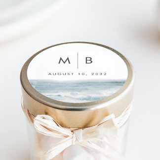 Coastal Blue Watercolor Monogram Wedding Favour Classic Round Sticker