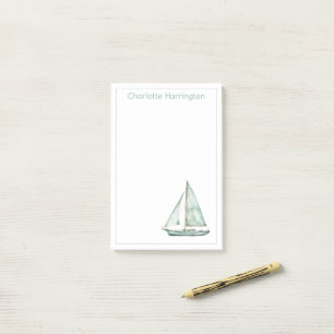 Coastal Blue Watercolor Sailboat Personalised Post-it Notes