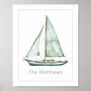 Coastal Blue Watercolor Sailboat Personalised Poster
