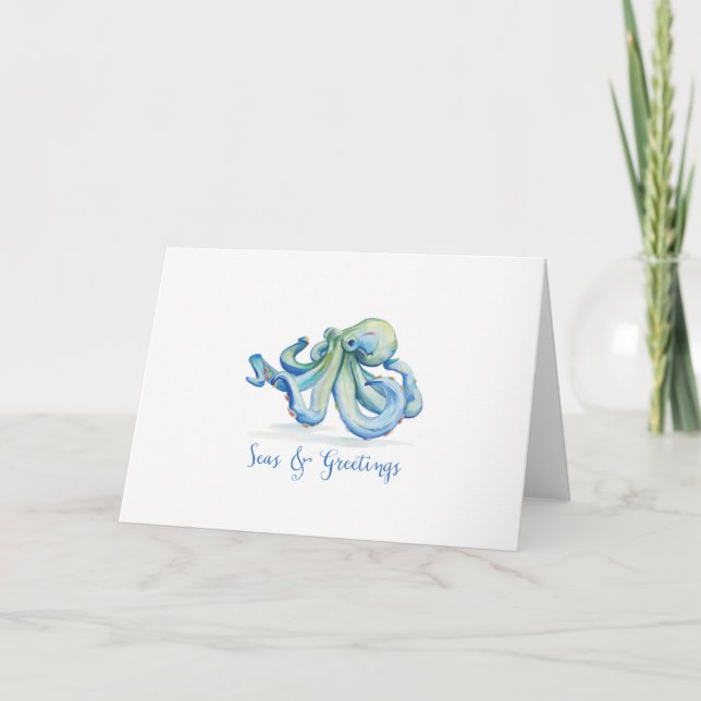 Coastal Blue Watercolor Seas and Greetings Octopus Holiday Card (Front)