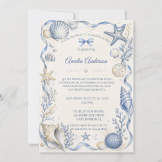 Coastal Blue Watercolor Seashell Birthday Invitation
