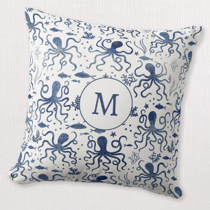 Coastal Blue Watercolor Undersea Octopus Monogram Cushion