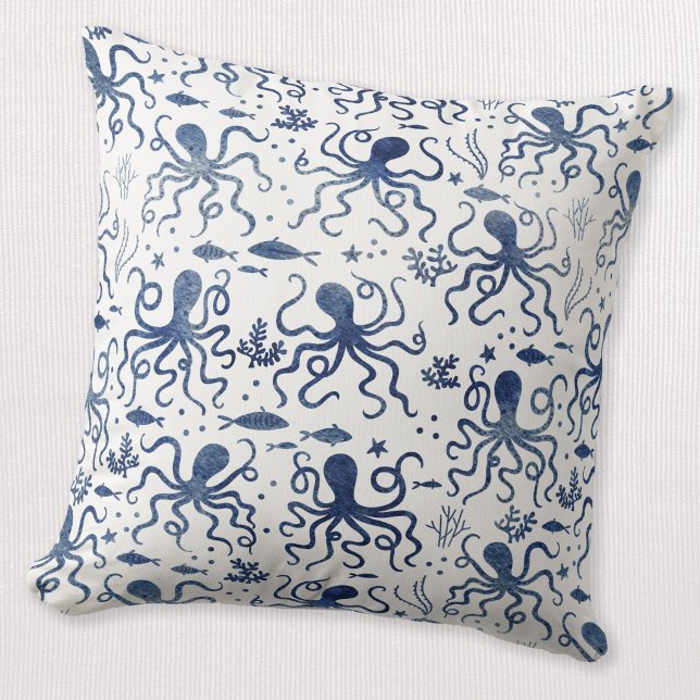 Coastal Blue Watercolor Undersea Octopus Pattern Cushion (Modern watercolor pattern blue and white octopus coastal nautical themed throw pillow)