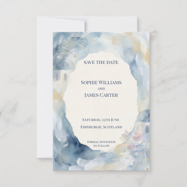 Coastal Blue Watercolour Save The Date Card (Front)