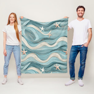 Coastal Blue Wave Cream Sand Starfish Fleece Blanket
