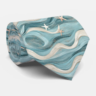 Coastal Blue Wave Cream Sand Starfish Tie