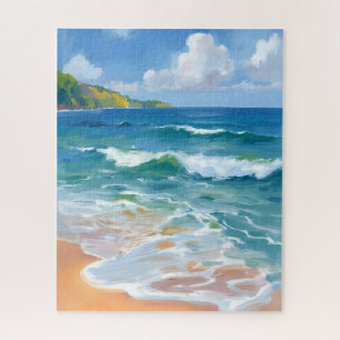 Coastal Blue Waves Ocean Watercolor Painting Jigsaw Puzzle