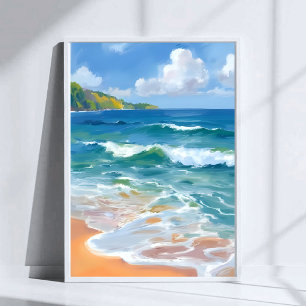 Coastal Blue Waves Ocean Watercolor Painting Poster